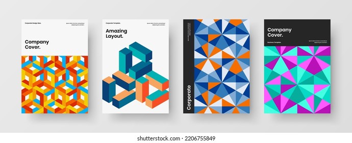 Clean brochure design vector illustration bundle. Original mosaic hexagons pamphlet layout set.