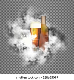 Clean brown bottle with liquid and glass of beer with transparency and space for your text or image logo in a cloud of smoke with a bright flash. Isolated objects.