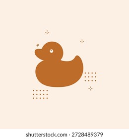 Una silueta sólida limpia y de tono marrón de un pato de goma sobre un fondo minimalista de destellos geométricos y puntos. Este divertido gráfico de Vector es perfecto para la marca moderna de la guardería, logotipos de productos de baño para niños, identidades de tiendas de juguetes boutique e ilustraciones de cuidado infantil.