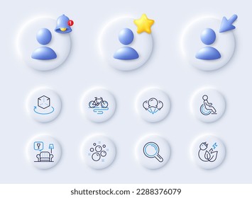 Clean bubbles, Augmented reality and Ice creams line icons. Placeholder with 3d cursor, bell, star. Pack of Green energy, Disability, Bike icon. Research, Lounge pictogram. Vector