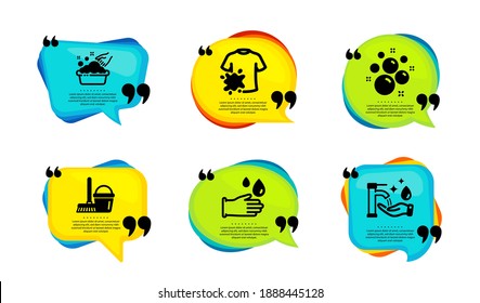 Burbujas limpias, camiseta sucia y cubo con iconos de mop conjunto simple. Burbuja del discurso con citas. Guantes de goma, señales de lavado de manos y lavado de manos. Vector