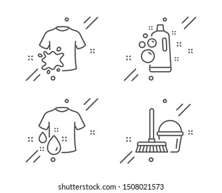 Clean bubbles, Dirty t-shirt and Wash t-shirt line icons set. Bucket with mop sign. Laundry shampoo, Laundry shirt, Cleaner equipment. Cleaning set. Line clean bubbles outline icon. Vector