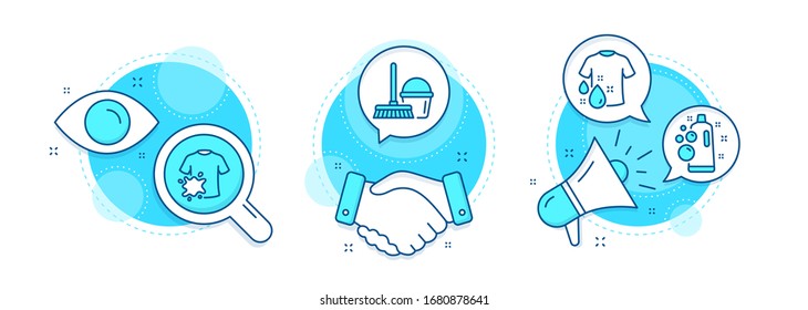 Clean bubbles, Dirty t-shirt and Wash t-shirt line icons set. Handshake deal, research and promotion complex icons. Bucket with mop sign. Laundry shampoo, Laundry shirt, Cleaner equipment. Vector