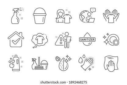 Clean bubbles, Hand sanitizer and Bucket line icons set. Washing cloth, T-shirt and Washing hands signs. Clean dishes, Cleaning spray and Dirty water symbols. Household service, Hold t-shirt. Vector