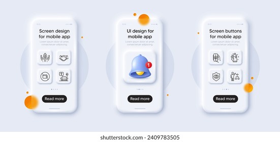 Paquete de iconos de la línea de saloncitos, saloncito y apretón de manos. Se burlan del teléfono 3d con alerta de timbre. Pantalla de teléfono inteligente de vidrio. Algoritmo, aplicación de ecología, icono web de comercio justo. Cartera, pictograma de protección ocular. Vector