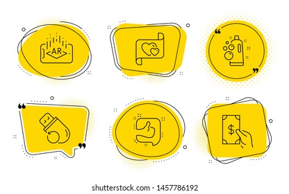 Clean bubbles, Love letter and Receive money signs. Chat bubbles. Flash memory, Augmented reality and Like line icons set. Recovery usb, Phone simulation, Thumb up. Laundry shampoo. Vector