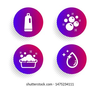 Clean bubbles, Shampoo and Hand washing icons simple set. Halftone dots button. Water drop sign. Laundry shampoo, Bath cleanser, Laundry basin. Crystal aqua. Cleaning set. Vector