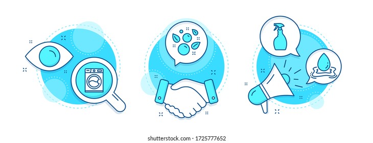 Clean bubbles, Spray and Water splash line icons set. Handshake deal, research and promotion complex icons. Washing machine sign. Laundry shampoo, Washing cleanser, Aqua drop. Laundry service. Vector