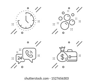 Clean bubbles, Time and 24h service line icons set. Salary sign. Laundry shampoo, Clock, Call support. Diplomat with money bag. Business set. Line clean bubbles outline icon. Vector