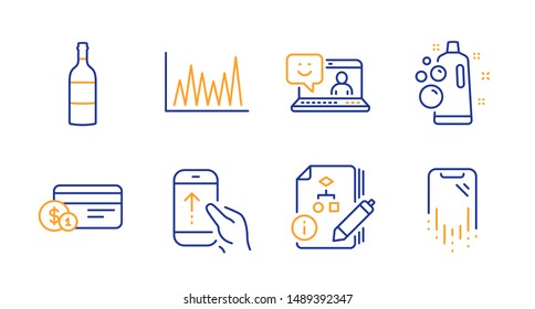 Clean bubbles, Wine bottle and Swipe up line icons set. Payment method, Algorithm and Smile signs. Line graph, Smartphone recovery symbols. Laundry shampoo, Cabernet sauvignon. Business set. Vector