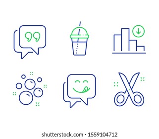 Clean bubbles, Yummy smile and Decreasing graph line icons set. Coffee cocktail, Quote bubble and Scissors signs. Laundry shampoo, Emoticon, Crisis chart. Milkshake. Business set. Vector