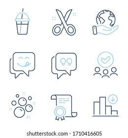 Clean bubbles, Yummy smile and Decreasing graph line icons set. Diploma certificate, save planet, group of people. Coffee cocktail, Quote bubble and Scissors signs. Vector