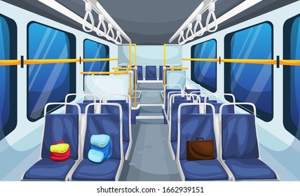 Clean Bus Interior Landscape with old Chairs Row, Scholl Bag, Suitcase and Bus Handle for Vector Illustration Interior Design Ideas