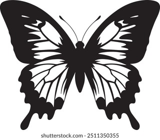 Clean Butterfly Silhouette with Defined Features for Vector Art, black and white butterfly, butterfly on white background