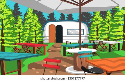 Clean Cafe Camp On The Nature Forest With Chair And Camping Table, Cafe Tent, Trash, Food And Big Green Tree For Vector Illustration Ideas