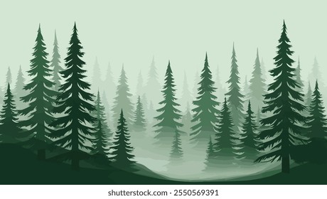 A clean, calming vector design of mist-covered pine trees, ideal for posters, presentations, and digital assets promoting serenity or wilderness.