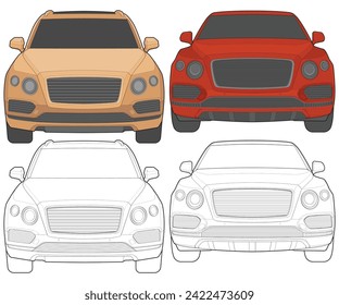 Conjunto de visión frontal Vector Ilustración de un coche de resaltado aislado en color sobre fondo blanco, Vehículo en un estilo de caricatura plana.