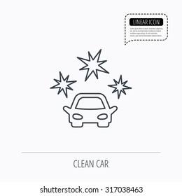 Clean car icon. Cleaning wash station sign. Linear outline icon. Speech bubble of dotted line. Vector
