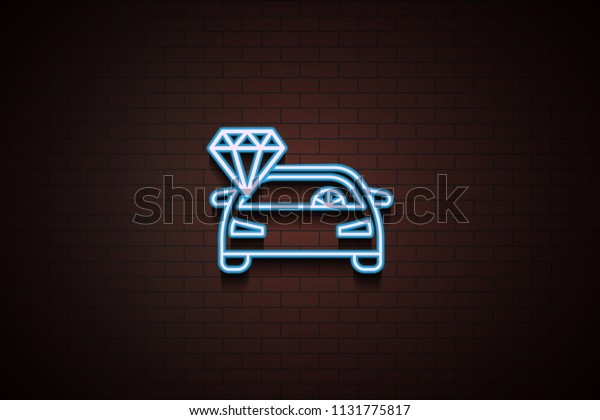 clean car icon in Neon style on brick wall on\
dark brick wall\
background