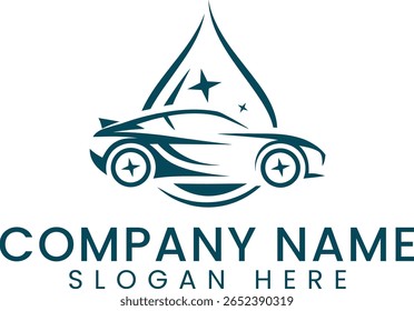 Clean car logo design featuring a water drop and sparkling shine. Perfect for car wash or detailing
