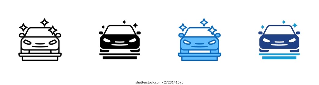 Vector de diseño de íconos de estilo múltiple: el vehículo se muestra en una plataforma con símbolos brillantes, que representan la presentación, las ventas y la pantalla premium