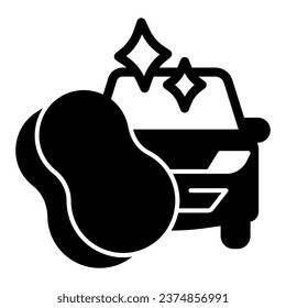 Clean car and sponge solid icon, car washing concept, car water wash symbol on white background, Cleaning sponge and vehicle icon in glyph style for mobile and web design. Vector graphics