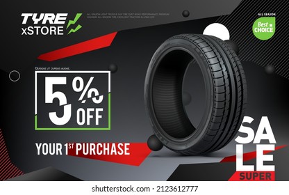 Clean car tire on a dark advertising background. Advertising block for an online store selling branded CDs. Discount for clients. Black Friday. Brochure, leaflet. Black and red background.