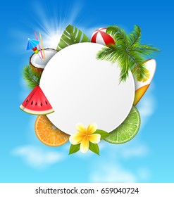 Clean Card with Coconut Cocktail, Slice Watermelon, Orange Fruit, Palm Leaves and Flowers. Summer Time, Holidays - Vector Illustration