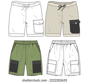 Clean cargo shorts and utility shorts outline and color vector illustration set designed for apparel product catalogs, ecommerce listings, and marketplace visuals. Isolated functional shorts suitable for outdoor wear, casual workwear, online stores, and commercial use.