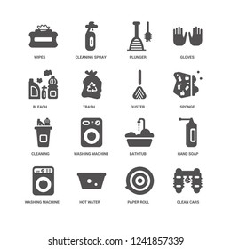 Clean Cars, Trash, Wipes, Cleaning Spray, Hand Soap, Bathtub, Washing Machine, Paper Roll Icon 16 Set EPS 10 Vector Format. Icons Optimized For Both Large And Small Resolutions.