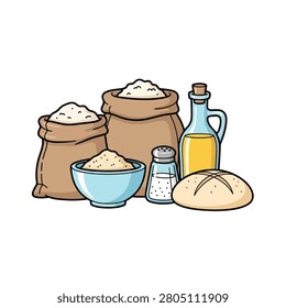A clean cartoon illustration featuring essential baking ingredients on a white background. The set includes two burlap sacks filled with flour, a blue bowl of flour, a glass salt shaker, a bottle of golden oil, and a round loaf of bread. The artwork uses bold outlines and a simple color palette, perfect for culinary and food-related designs.