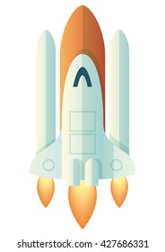 Clean cartoon style illustration of a launching rocket. Vector space shuttle taking off isolated on white. Nice light and simple graphic image.