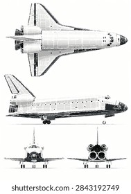Clean cartoon vector illustration of a generic reusable space shuttle orbiter shown in top, side, front, and rear views. Original unbranded spacecraft design with no logos, flags, numbers, or text, featuring a white and dark gray thermal-protection scheme, cockpit glazing, swept wings, vertical tail, landing gear, engine cluster, panel lines, hatches, vents, and detailed aerospace components. Isolated on a white background for spaceflight, aerospace transportation, technical presentation, spacecraft design, science, and stock illustration themes