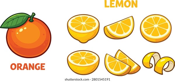 A clean, cartoon-style vector illustration featuring a whole orange with a green leaf alongside a collection of fresh yellow lemon slices. The set includes a full orange, half lemons, wedges, circular slices, and a decorative twist of lemon peel. Perfect for food blogs, recipe designs, juice packaging, and healthy lifestyle content.

