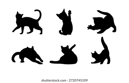 Saubere Katze Silhouette Icon-Set mit mehreren Katzen Posen. Minimale schwarze Symbole einzeln auf transparentem oder weißem Hintergrund, für Logo, App, UI, Druck, Aufkleber, Branding und Designanforderungen.