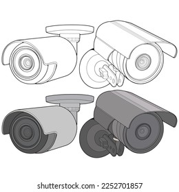 Clean CCTV security camera outline and color vector illustration set designed for surveillance product catalogs, security system ecommerce listings, and facility management presentations. Isolated security cameras suitable for property protection visuals, IT dashboards, and commercial use.