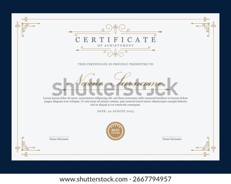 Clean certificate of appreciation in retro style. Vintage certificate template with swirl ornament. Multipurpose award document for competition.