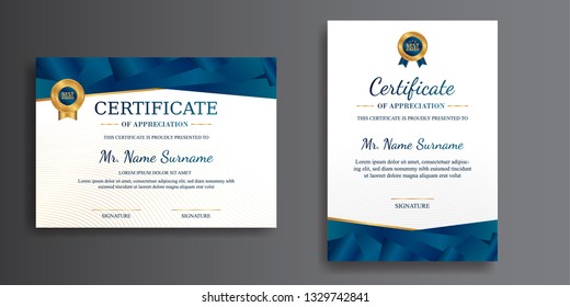 Clean certificate of appreciation template, gold and blue color. Clean modern certificate with gold badge. Certificate border template with luxury and modern line pattern. Diploma vector template