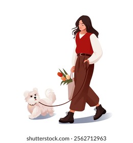 A clean and charming flat vector illustration of a stylish young woman walking with a fluffy white dog on a leash. The woman is dressed in a red vest, white blouse, and brown pants, holding a shopping