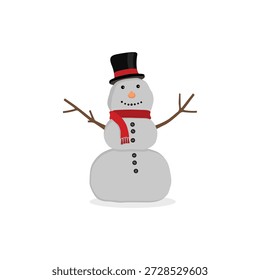 Una Ilustración vectorial digital limpia y alegre de un único muñeco de nieve clásico perfectamente aislado sobre un fondo blanco nítido. Diseñado en un estilo minimalista y amigable con el Vector, el muñeco de nieve está compuesto por tres bolas de nieve distintas y presenta una cara sonriente amigable con ojos y Botones de carbón tradicionales, una nariz de zanahoria naranja brillante y brazos de palo simples. Se complementa con una bufanda de rayas de colores y un sombrero de copa negro. El aislamiento completo en blanco hace que este gráfico sea extremadamente versátil y fácil de integrar en cualquier proyecto de temática invernal o festiva, desde tarjetas y Sitios web hasta materiales de marketing e impresiones.