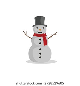 A clean and cheerful digital vector illustration of a single, classic snowman perfectly isolated on a crisp white background. Designed in a minimalist and vector-friendly style, the snowman is composed of three distinct snowballs and features a friendly smiling face with traditional coal eyes and buttons, a bright orange carrot nose, and simple stick arms. It is accessorized with a colorful striped scarf and a black top hat. The complete isolation on white makes this graphic extremely versatile and easy to integrate into any winter or holiday-themed project, from cards and websites to marketing materials and prints.