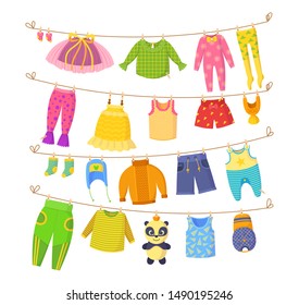 Clean child kids small clothes, cloth rope. Kids dry clothing on clothesline. Baby clothes for newborn accessories girl infant. Wearing small clothes vector cartoon illustration