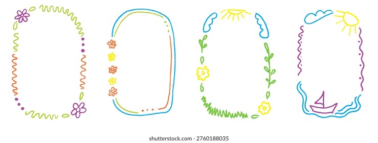 Clean childish lines with gentle chalk effect and doodle style. Crayon kindergarten frame set for baby photos and playful designs.