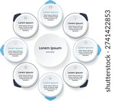 Clean circular business infographic template featuring eight connected step elements around a central content area. Includes icon based round blocks, dotted borders, and modern flat style layout. Perfect for workflow presentation, business strategy, process breakdown, and data visualization. Fully editable vector style design for professional use.