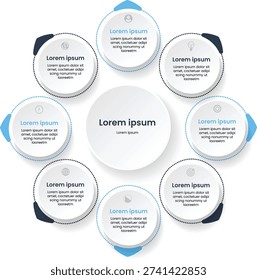Clean circular business infographic template featuring eight connected step elements around a central content area. Includes icon based round blocks, dotted borders, and modern flat style layout. Perfect for workflow presentation, business strategy, process breakdown, and data visualization. Fully editable vector style design for professional use.