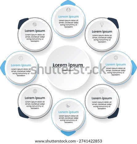 Clean circular business infographic template featuring eight connected step elements around a central content area. Includes icon based round blocks, dotted borders, and modern flat style layout. Perfect for workflow presentation, business strategy, process breakdown, and data visualization. Fully editable vector style design for professional use.