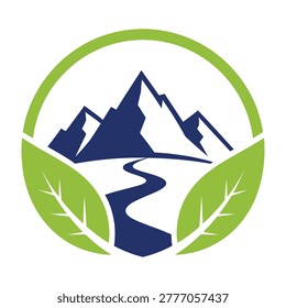A clean circular logo featuring majestic blue mountains and a flowing river framed by vibrant green leaves. Perfect for eco friendly brands, nature conservationists.