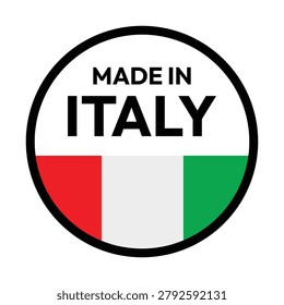 Clean circular Made in Italy badge featuring a bold black border, modern typography, and the Italian tricolor flag. Ideal for country of origin labeling, product packaging, Italian manufacturing, export goods, retail branding, premium products, quality assurance programs, and authentic Italian-made merchandise.