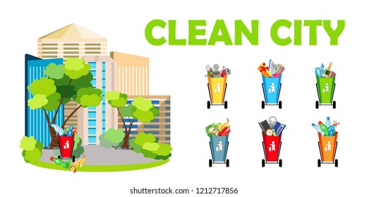 Clean city. Ecology. Baskets for the separation of garbage. Waste separation. Vector illustration.
