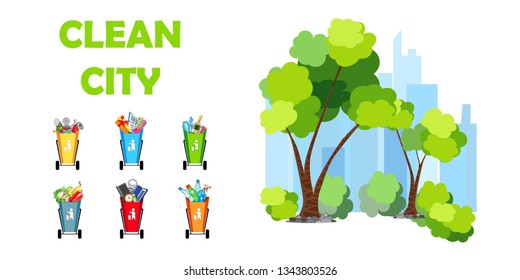 Clean city. Ecology. Baskets for the separation of garbage. Waste separation. Vector illustration.